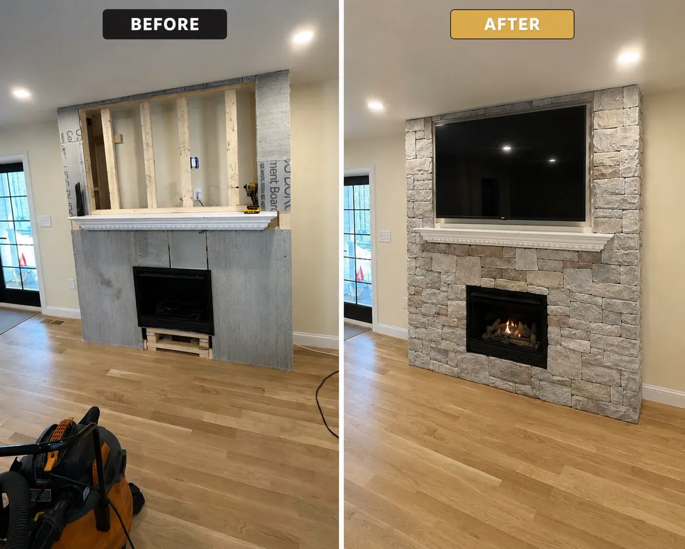 Stacked-stone fireplace makeover — before and after — Chimney Goat, Boston MA