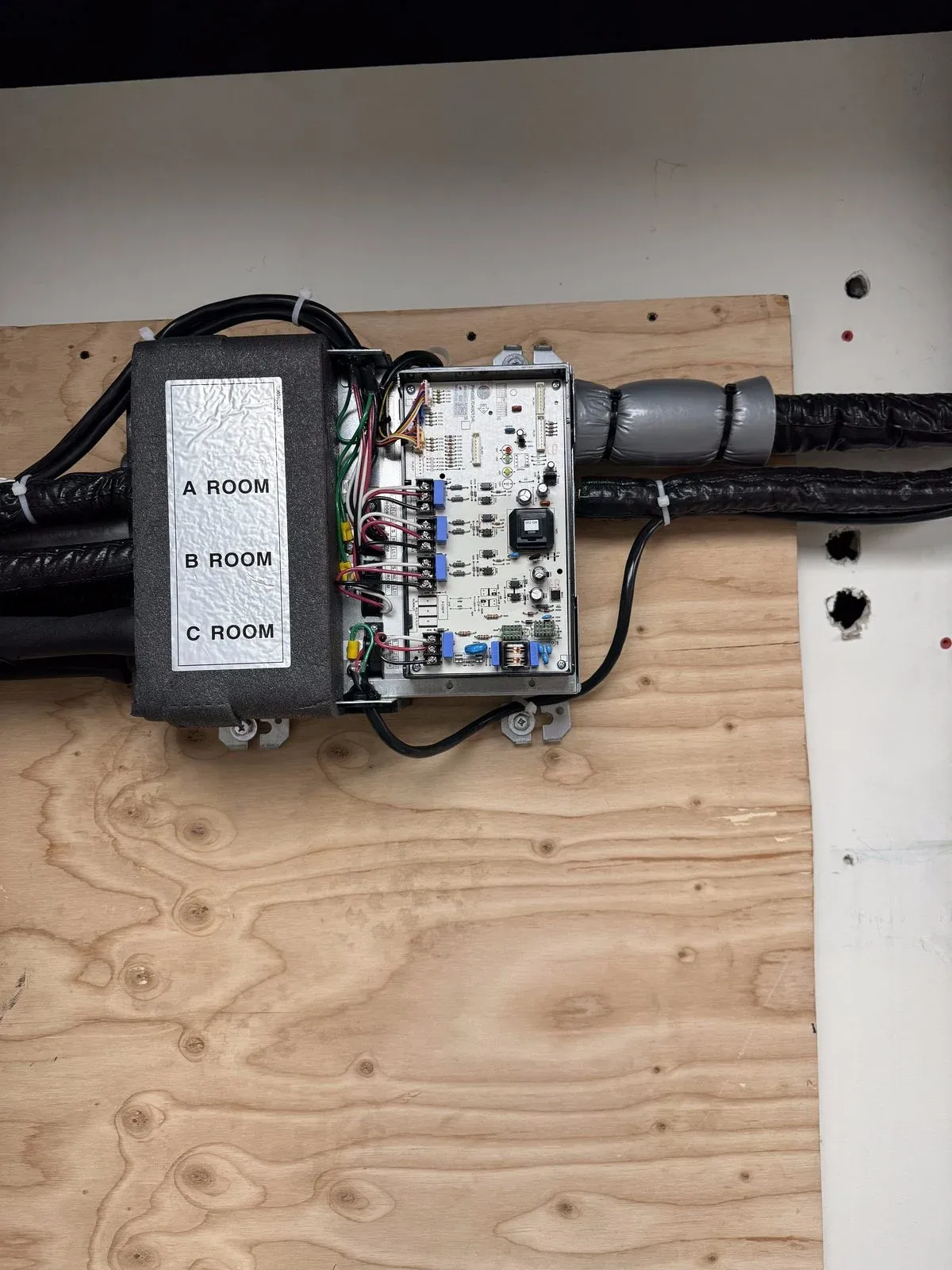 Room distribution panel installation with labeled circuit breakers