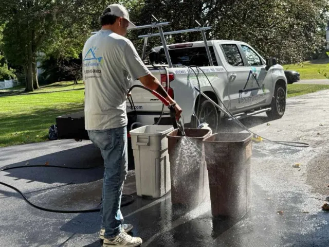 Eco-friendly trash bin sanitizing and power washing service to eliminate odors.