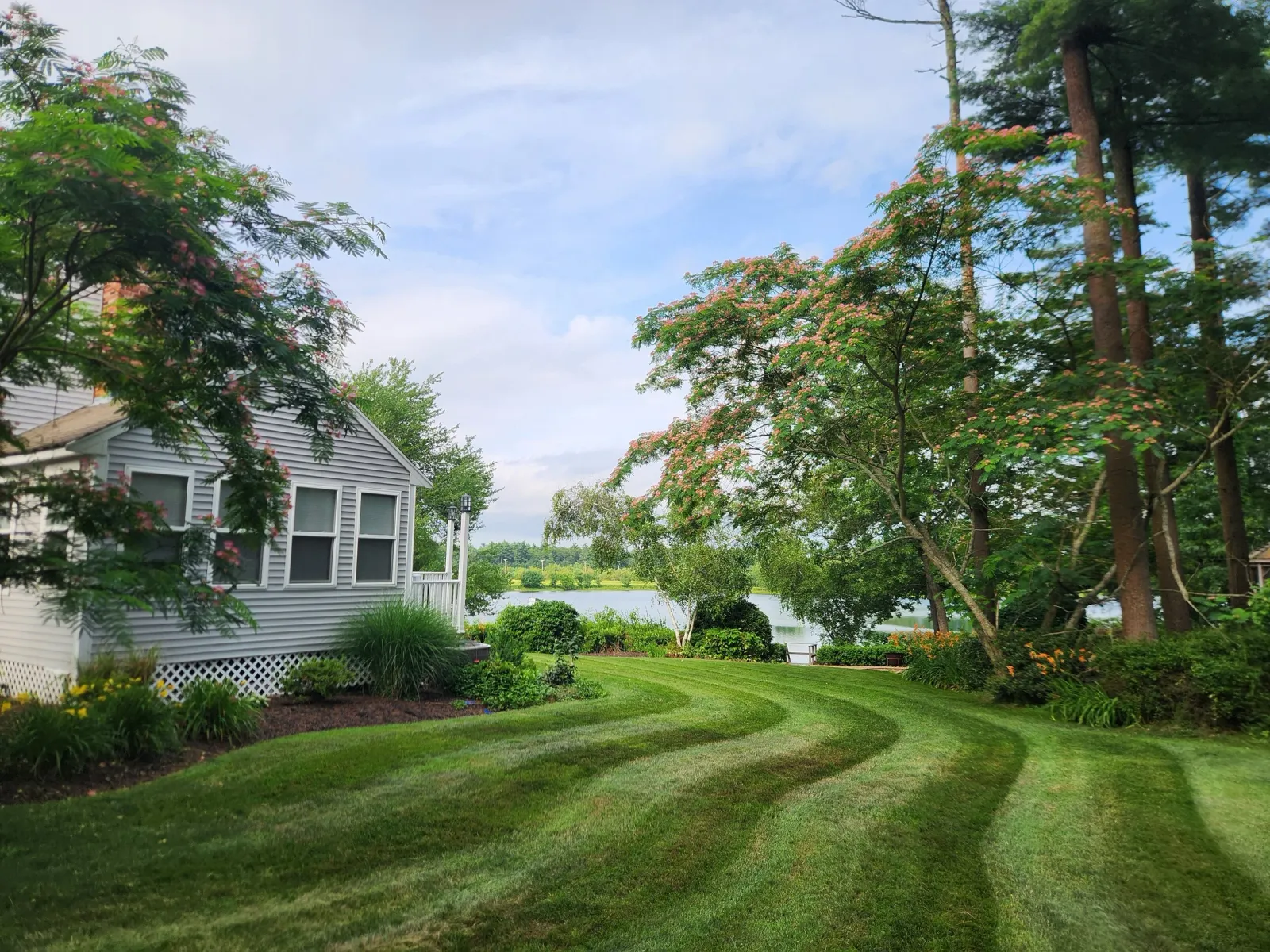 A scenic backyard with a well-maintained green lawn, trees with pink flowers, a white house with multiple windows, near a body of water with trees and a cloudy blue sky in the background.