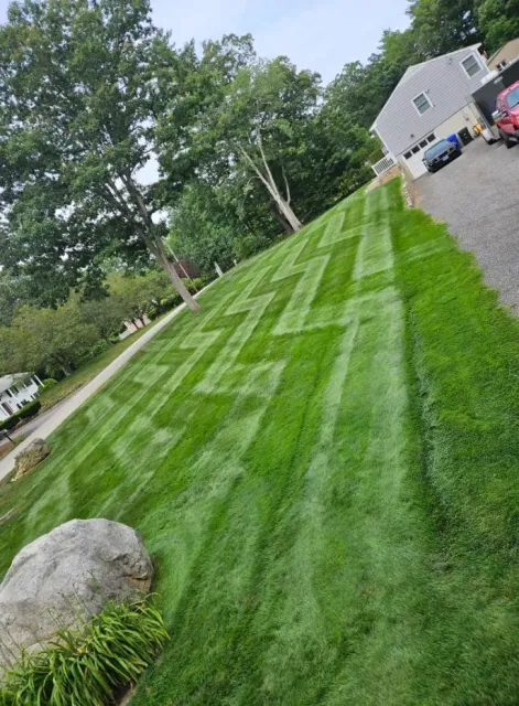 Diamond-striped lawn after mowing in Hudson, NH
