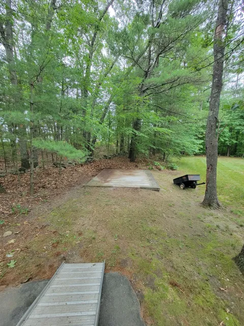 A backyard with a concrete basketball court, a ramp leading to it, and a black utility cart next to a tree, surrounded by green trees and grass.