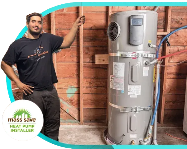 Foukas technician beside a heat pump water heater