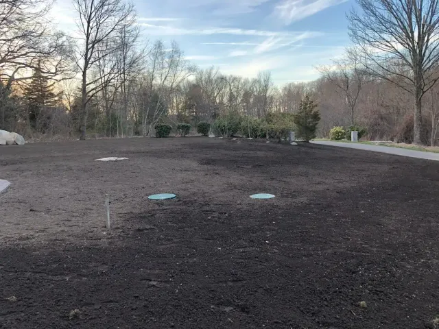 Before — the lawn area graded and loamed, ready for seed