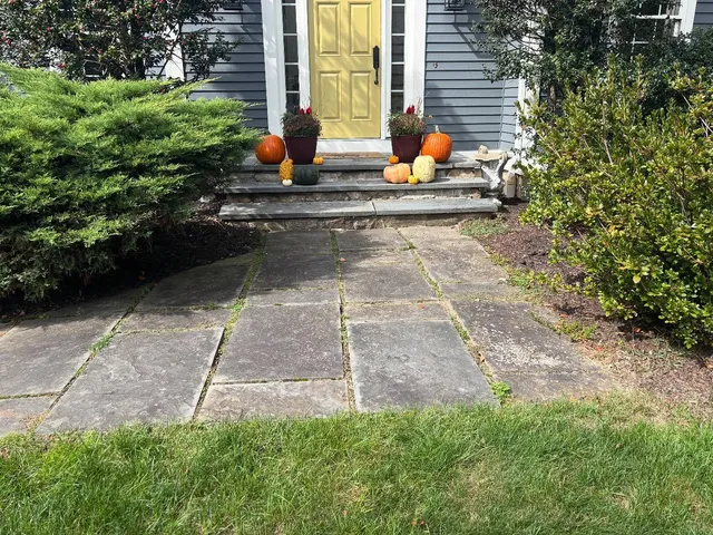 Front porch makeover with new stonework and landscape 
.
#stonemasonry #frontlandscape #fallplanting #fairfieldcountyct