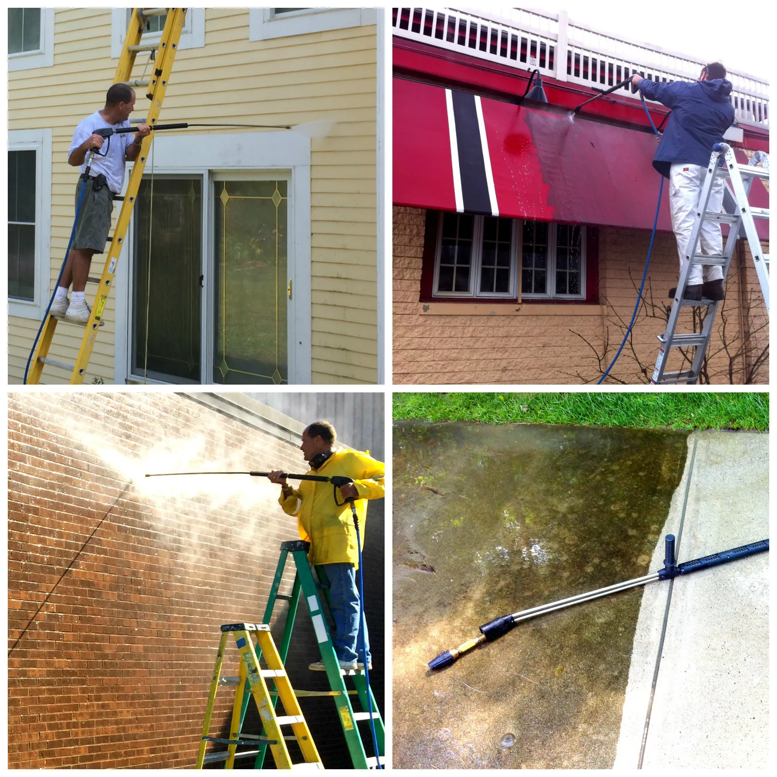 collage of man on ladder powerwashing buildings