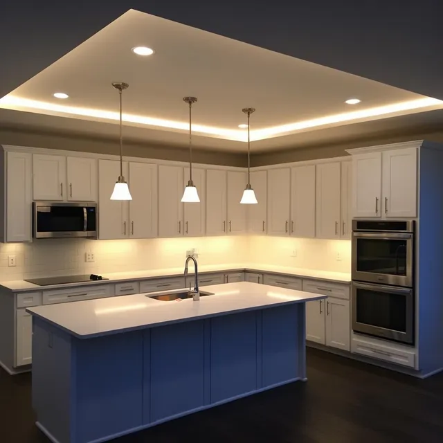 Boston Light & Power electrician wiring recessed and pendant lighting in a kitchen renovation in Milton, MA.
