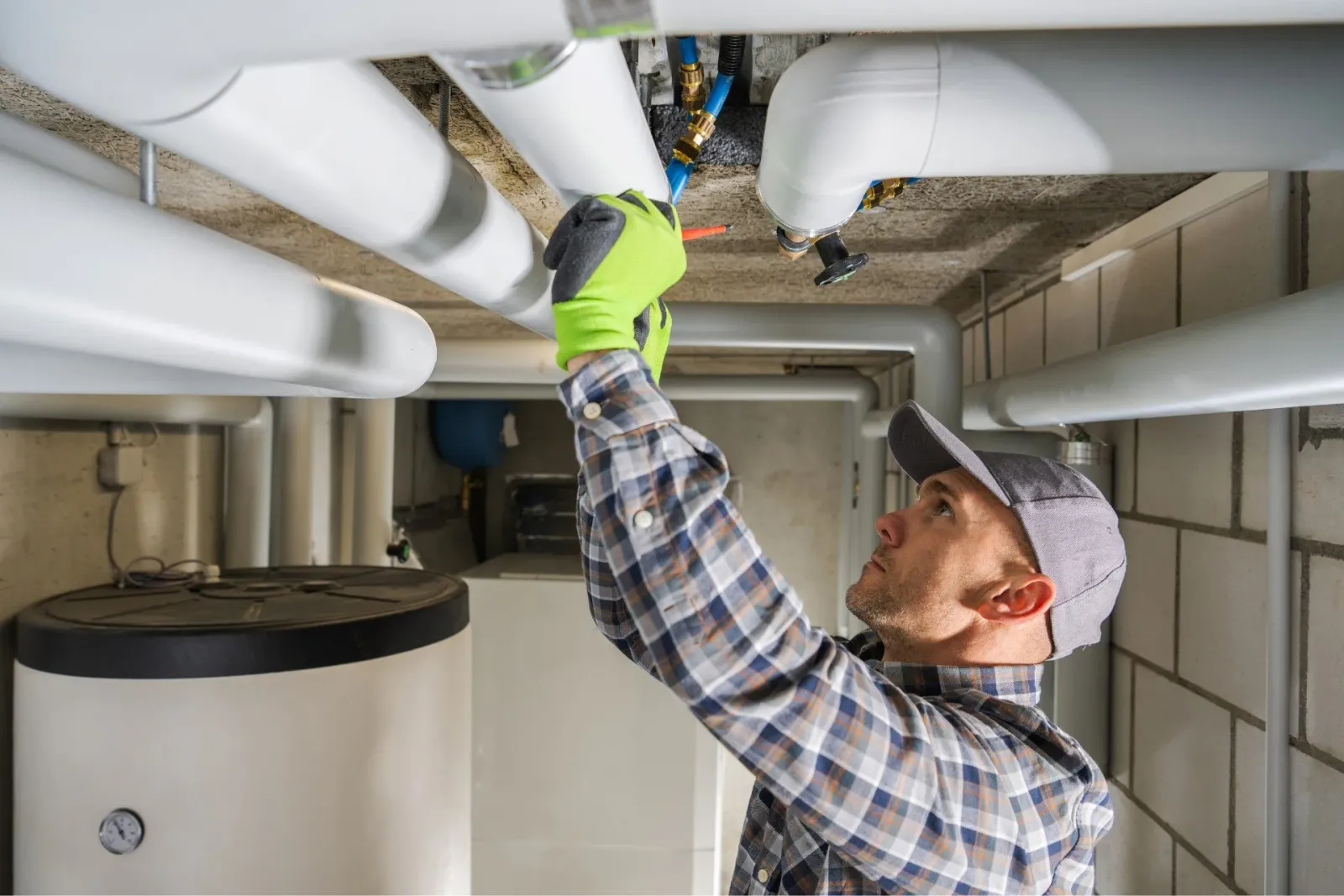 Plumber working on pipes in a basement with a water heater