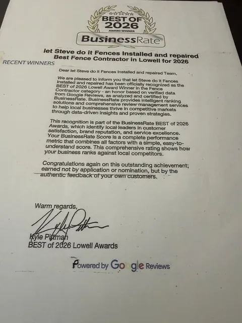 BusinessRate Best of 2026 award — Best Fence Contractor in Lowell for Let Steve Do It Fences