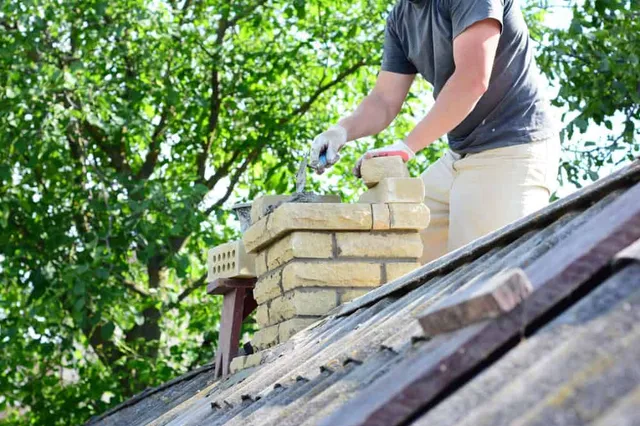 A person wearing gloves repairs a brick chimney on a sloped roof in RI, surrounded by green leafy trees in the background.