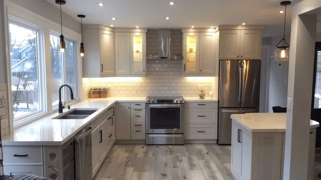 Bright modern kitchen with white cabinets, stainless steel appliances, subway tile backsplash, pendant lighting, and large windows above the sink.