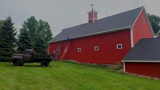 Red barn with antique truck