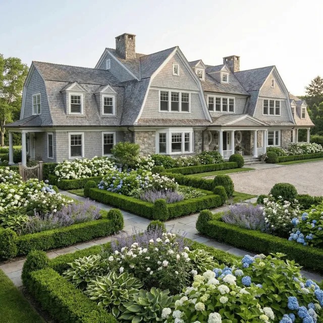 Large house with a well-manicured garden featuring various plants and flowers.