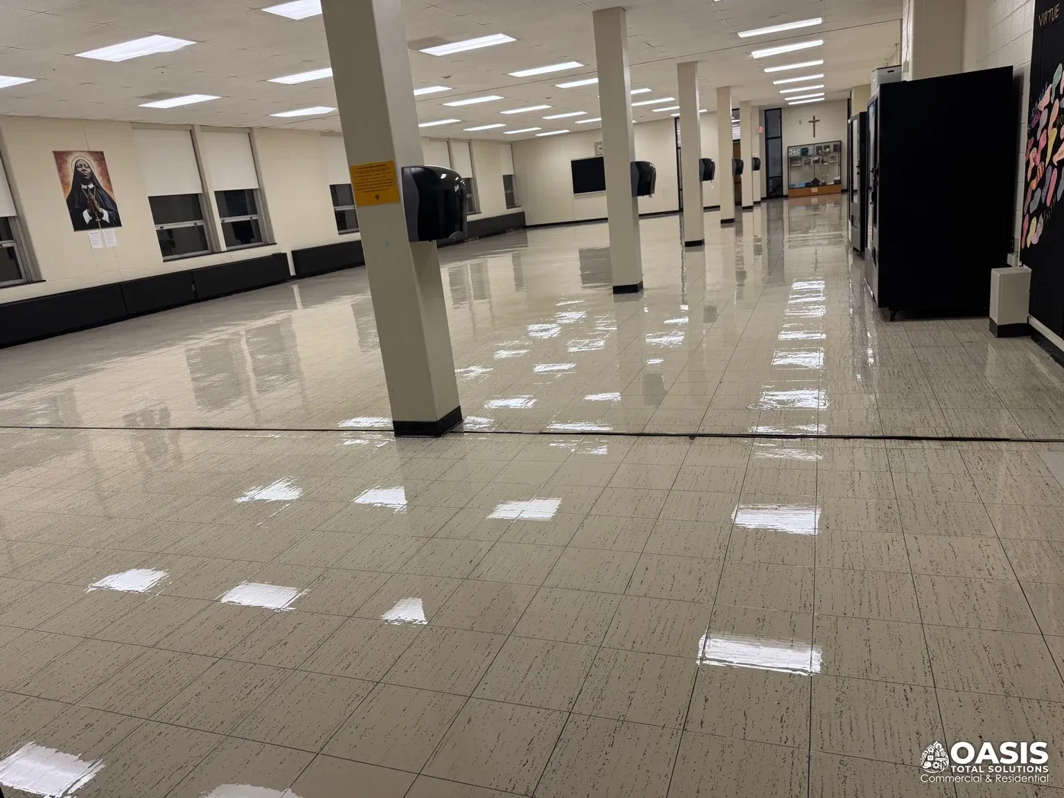 School cafeteria floor with a high-gloss commercial finish