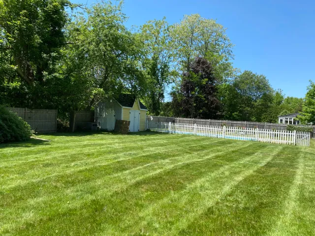 A backyard with a green lawn, bordered by a white picket fence and trees. A small yellow and gray shed is on the left side.