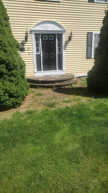 Front entry of a cream-colored house with a black door, semi-circular brick steps, and dense green shrubs, bordered by a weathered brick walkway and a vibrant lawn in Charlton, MA.