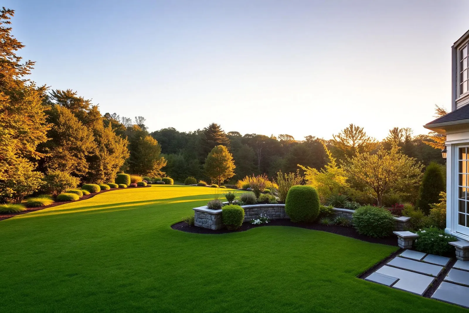 Boston estate landscape at golden hour