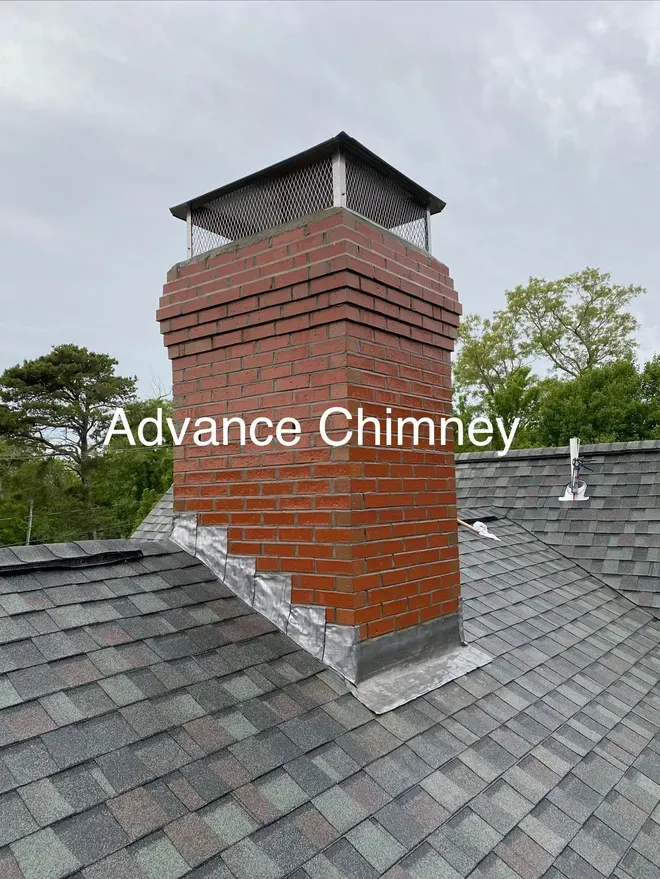 A brick chimney with a metal cap and wire mesh screen on a roof, with trees and a yard visible in the background.