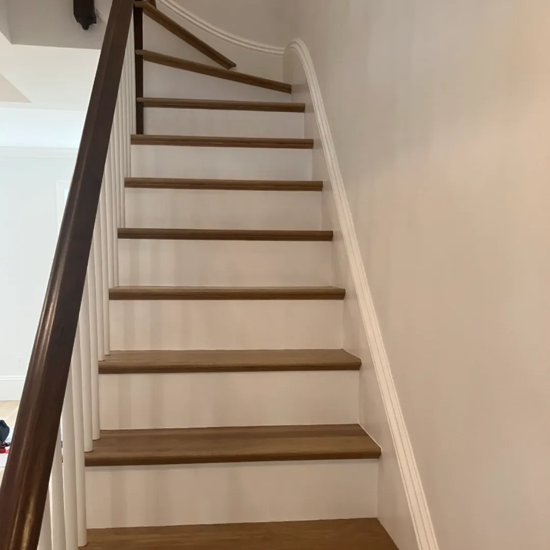 Wooden staircase with white risers, curved wall molding, and a dark brown handrail.