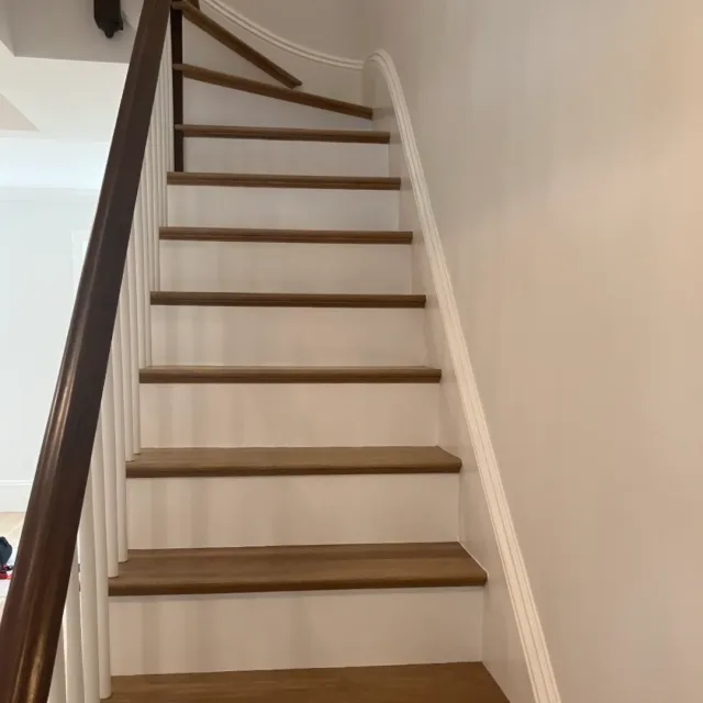 Wooden staircase with white risers, curved wall molding, and a dark brown handrail.