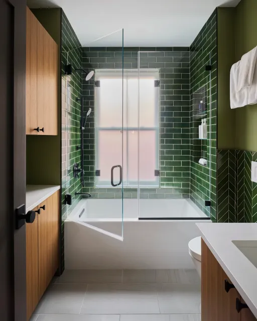 Modern bathroom with green tile walls, a bathtub with a glass shower enclosure, a window, and wooden cabinets.