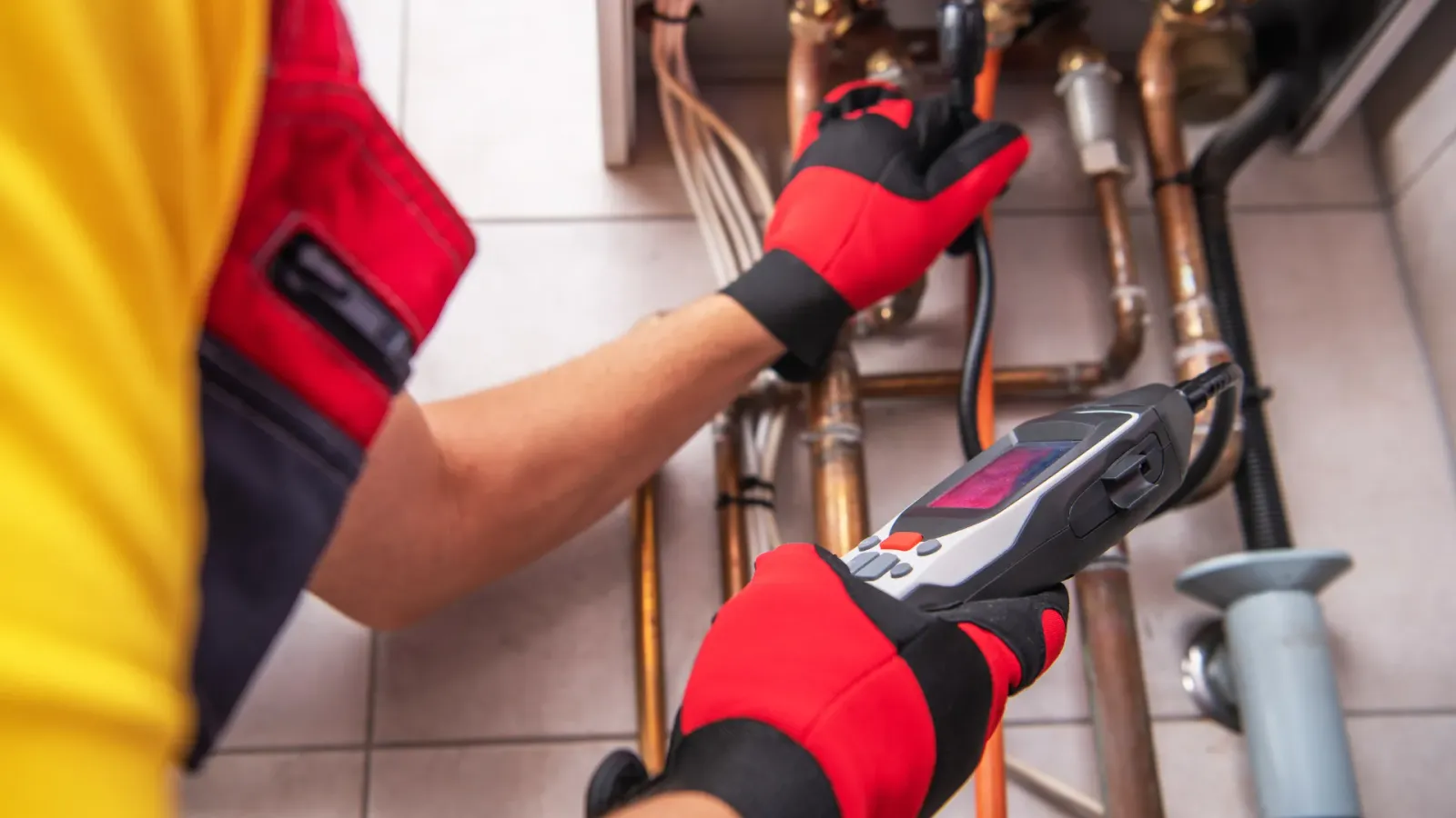 Plumber inspecting pipes with a handheld device, wearing red gloves, in a utility room.