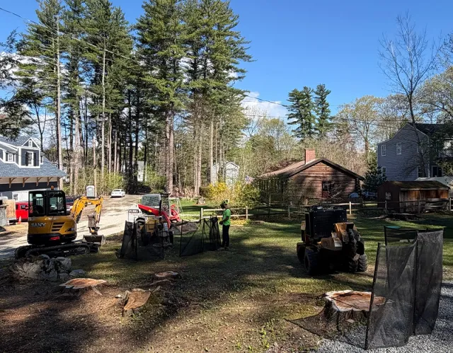 Excavators and equipment on grassy lawn